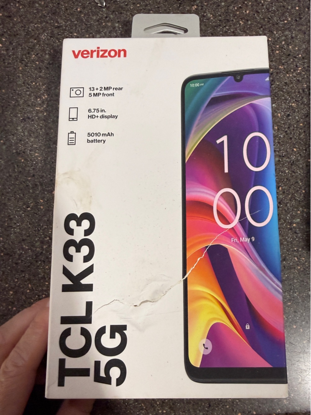 TCL K33 5G Verizon Smartphone Box with Colorful Screen Artwork
